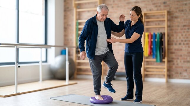 Physical therapist assisting elderly man with balance exercises on a wobble cushion in a rehabilitation clinic