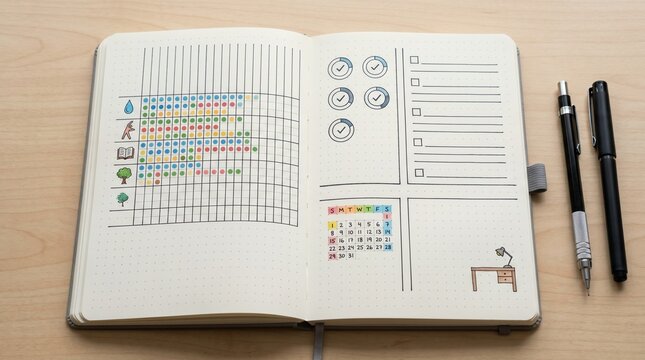 Bullet journal habit tracker with colorful dots and to do list on a wooden desk with pens
