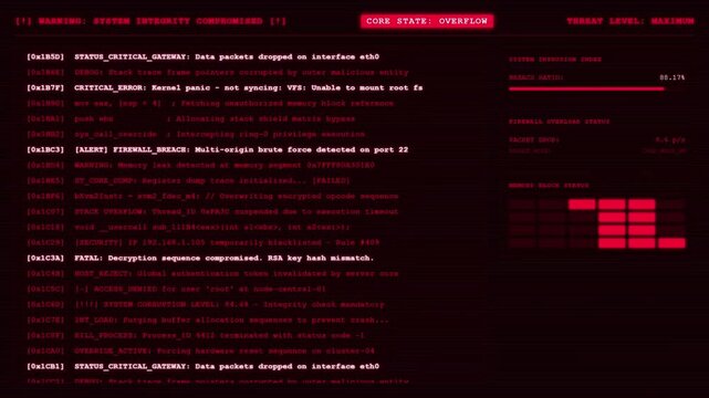Futuristic Cyber Security Breach Hacker Terminal Screen Red Text.