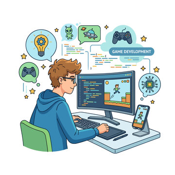 Game Developer Coding Video Game on Computer