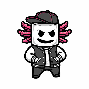 Cartoon Character Marshmello Axolotl Hybrid Wearing Baseball Cap and Jacket.
