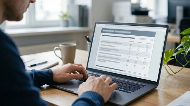 Man typing on laptop computer screen showing survey form with radio buttons and checkboxes on wooden desk with coffee mug and plant