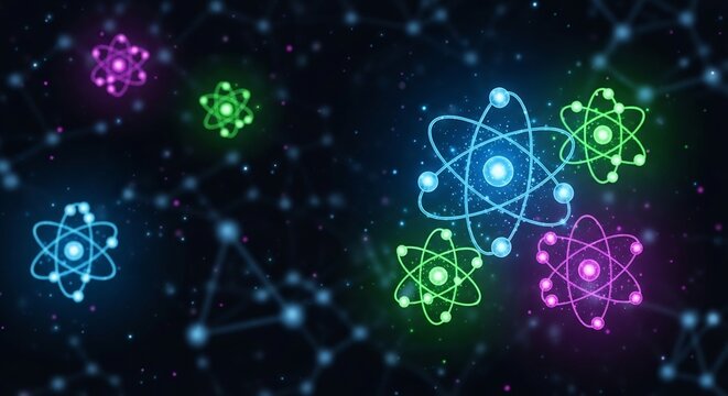 Abstract glowing atoms and molecules in a digital network.