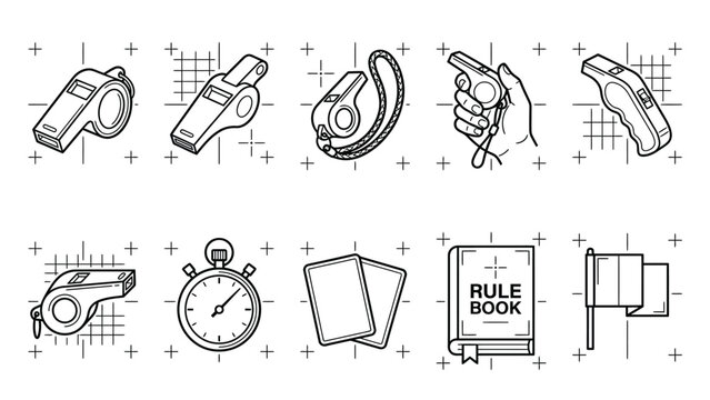 Outline icons of sports referee items on checkered background.