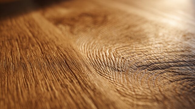 extreme close up of natural oak tabletop with visible grain patterns illuminated by golden morning sunlight, organic texture, handcrafted furniture