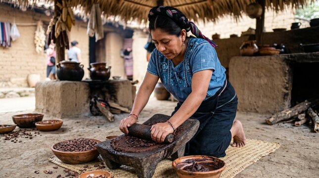 Indigenous woman grinding cocoa beans on a metate to make traditional chocolate in a rustic outdoor kitchen setting