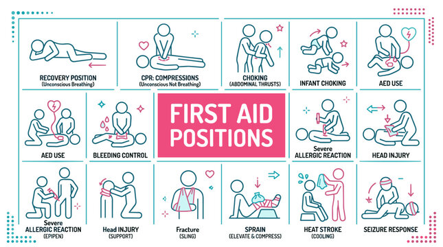 Pastel First Aid Position Icon Set with Minimal Line Art Figures, Emergency Response, CPR Recovery Position, Rescue Techniques and Medical Training Collection