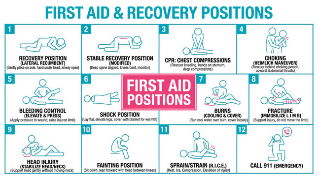 First Aid and Emergency Response Icon Set &ndash; Medical Recovery Positions and CPR Collection