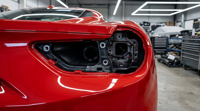 Red sports car body section disassembly in professional auto repair workshop