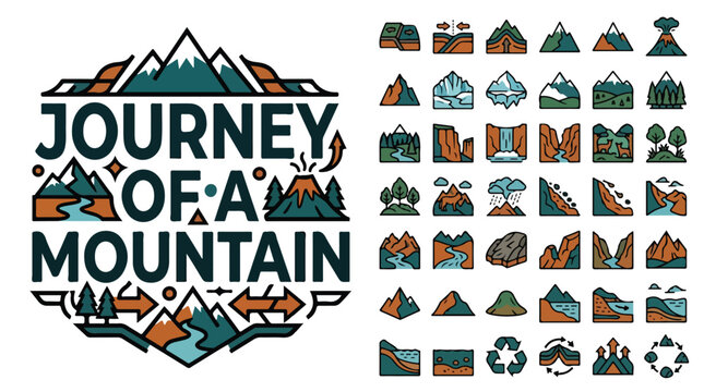 Vintage mountain landscape icons set, journey of a mountain typography badge, 42 nature and geology vector elements for outdoor branding