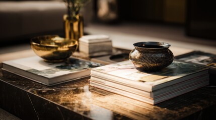 Obraz premium focused beam of warm light illuminating a coffee table with art books and ceramic decor, dramatic contrast, sophisticated interior styling, luxury