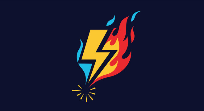 Dynamic logo design featuring a yellow lightning bolt engulfed in blue and red flames against a dark background.