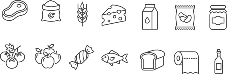 Grocery line icons set food household items and produce illustrations © MDATIKUR