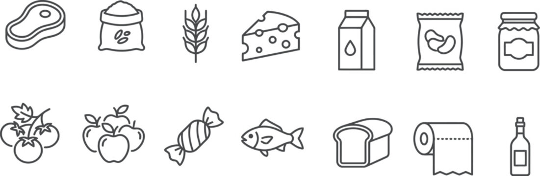 Grocery line icons set food household items and produce illustrations