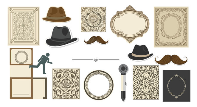 Collection of vintage gentleman themed stickers including hats, moustaches, and ornate antique picture frames.
