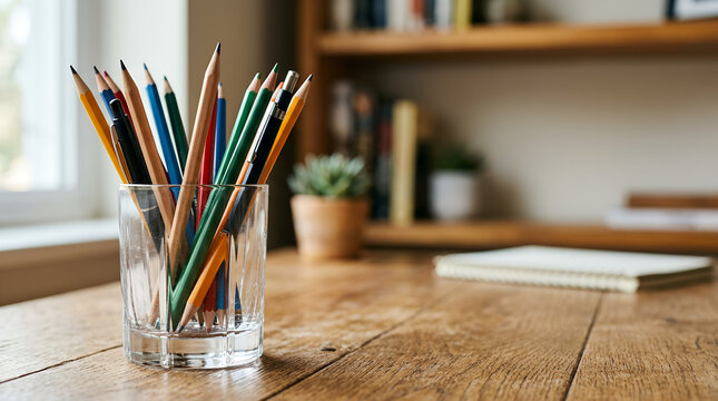 Colorful sharp pencils in a glass cup stand on a wooden office desk, creating an inspiring and cozy workspace atmosphere; bright natural colors, school or business theme, realistic photo.