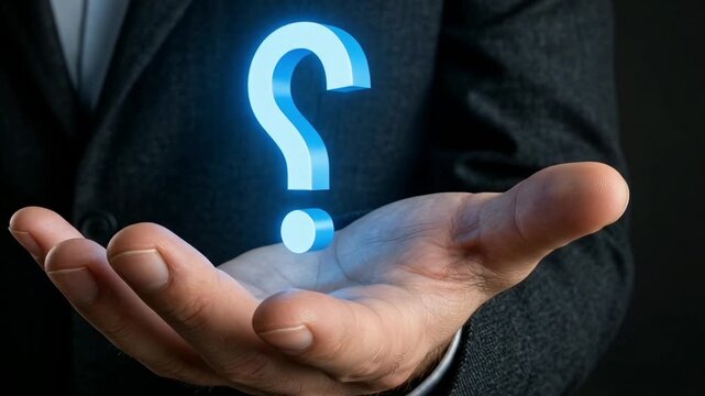 man with question mark, hand holding glowing digital question mark, concept of question and solution, digital support or inquiry icon, human hand with technical question mark