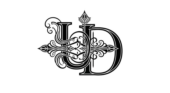 Ornate black and white monogram intertwining letters J and D