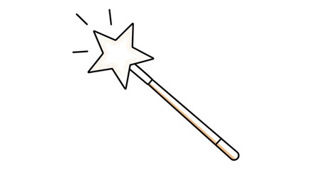 Fototapeta premium Simple hand drawn magic wand with a glowing star on top and rays of light emanating from the point on white background.