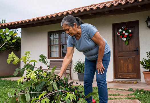 Latin Woman Collecting Branches After Tropical Storm
