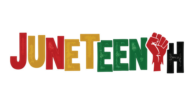 Juneteenth celebration logo with raised fist and colorful letters