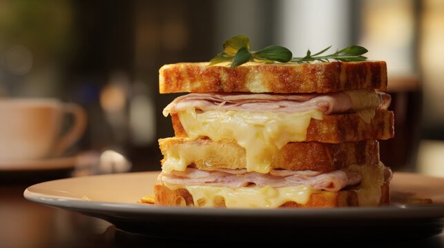 Gourmet Croque Monsieur with golden crispy crust and melted cheese layers, premium Parisian cafГгВ presentation, soft natural lighting, ultra