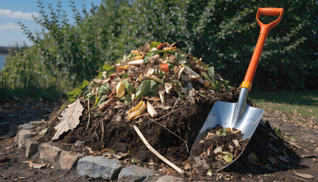 Organic compost heap with kitchen waste and a bright shovel in a sunny garden; realistic lifestyle, green and brown palette, theme of recycling and sustainable ecology.