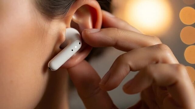 Close Up of Person Inserting Wireless Earbud into Ear for Listening to Music or Taking Calls