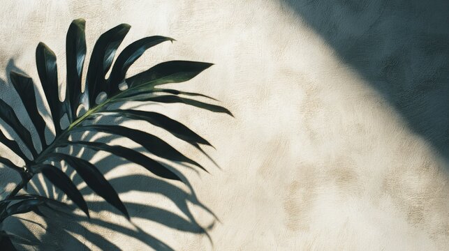 graphic shadow of tropical leaf on bright textured wall, minimalist summer concept, geometric composition, natural sunlight, premium stock