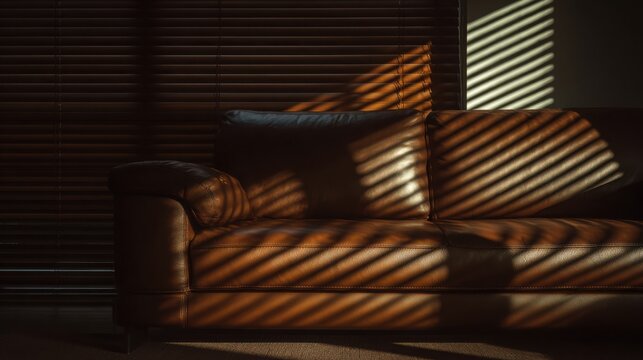 graphic shadows from window blinds falling across a rich leather sofa, striking light and shadow composition, cinematic interior mood, sophisticated