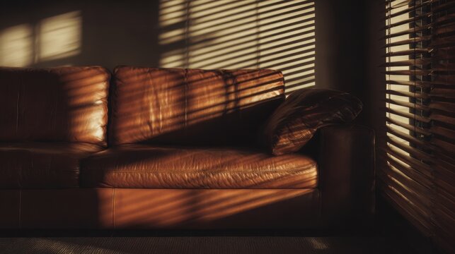 graphic shadows from window blinds falling across a rich leather sofa, striking light and shadow composition, cinematic interior mood, sophisticated
