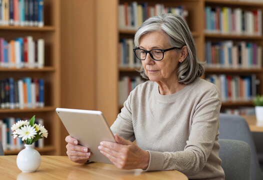 Mature Woman Researching Insurance Options on Tablet in Library