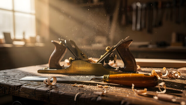 Vintage wood hand plane and chisel on a wooden workbench with dust motes and sunlight
