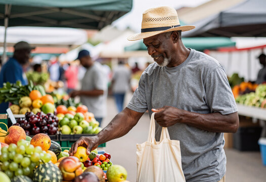 African American Man Buying Fresh Fruits at Outdoor Market