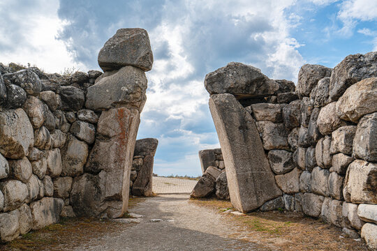 Architectural view of the famous stone-carved King's Gate at the ancient ruins of Hattusa. The monumental gate represents the master masonry and artistic achievements of the Hittite civilization in An