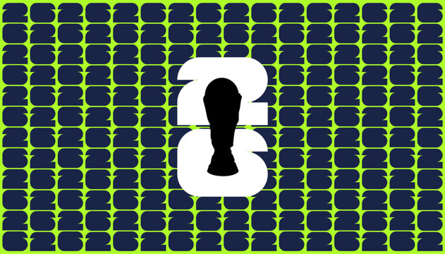2026 world cup logo design, minimalist graphic featuring the number 26 with a soccer trophy silhouette in the center, repeating pattern background