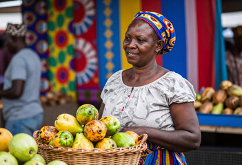 Fototapeta premium African Woman Selling Fresh Fruits in Outdoor Market