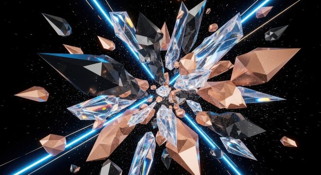 Glowing crystal explosion, shattered glass, neon blue lines, abstract background