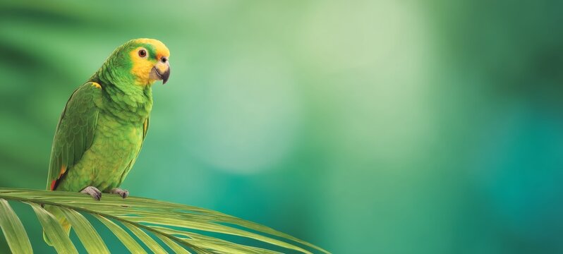 Parrot on Palm Branch in Tropical Sun Rays, Split Complementary Color Grading, Realistic Wildlife Photo with Copy Space and Rule of Thirds Composition