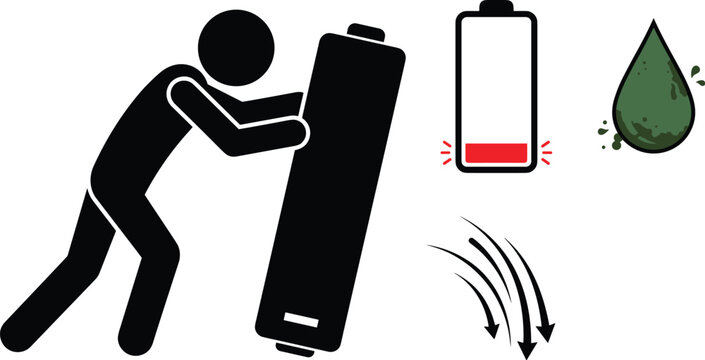 Fatigue and Exhaustion Concept Vector Set with Stick Figure Lifting a Huge Low Battery, Decreasing Arrows, Dirty Water Drop, and Lightning Icons
