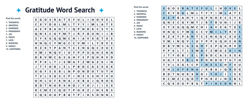Gratitude word search puzzle with highlighted answers and lists  