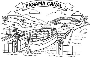 Obraz premium panama canal cartoon outline hand drawn Line Art illustration doodle art coloring page for kids