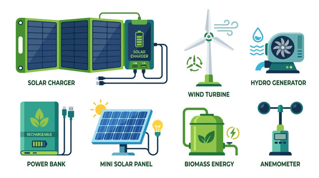 Renewable energy systems including solar panels wind turbines hydro generators and biomass energy are displayed.