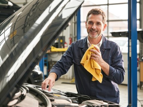 Smiling mechanic doing car maintenance and service in garage