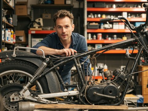 Man posing with vintage motorcycle frame in workshop