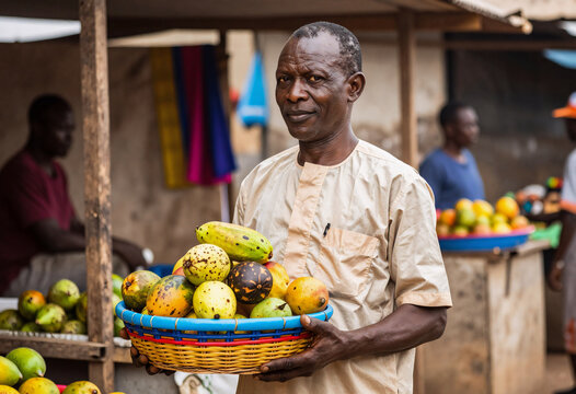 African Market Vendor Holding Exotic Fruit Basket in Lagos Street