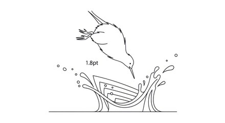 Fototapeta premium Minimalist boat, bird taking flight, line art illustration, water splashes
