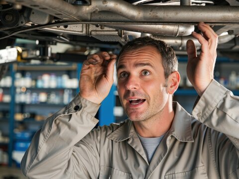 Mechanic inspecting underside of car in auto garage