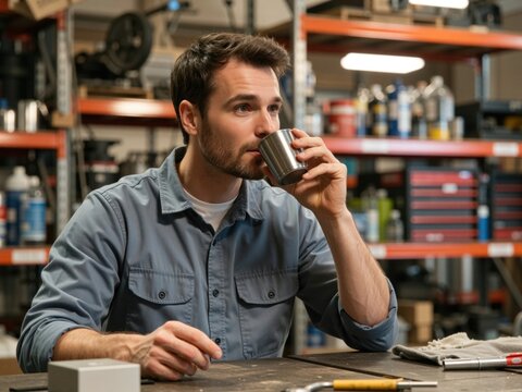 Man drinking during work break in industrial workshop