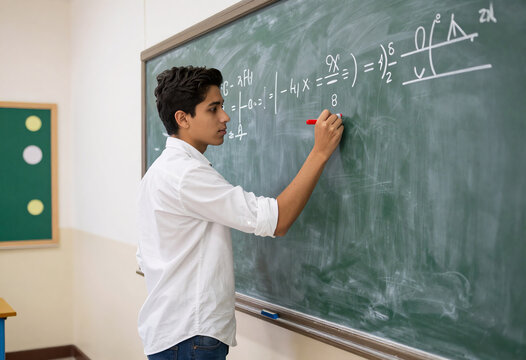 Latin American Teenager Solving Math Equation on Blackboard